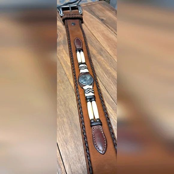 43" Beaded Leather Orvis Belt - Picture 5 of 10